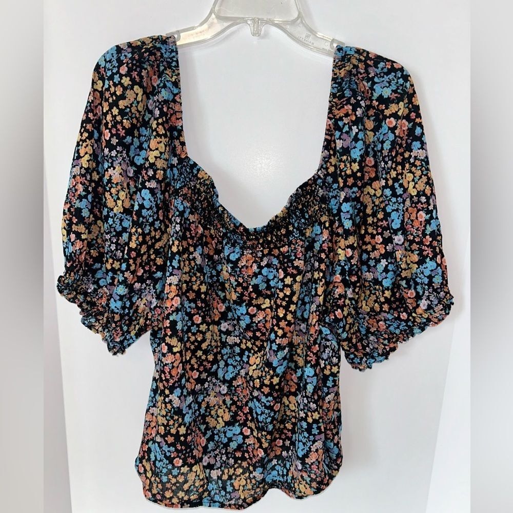 a.n.a. woman's ruched off shoulder floral navy short sleeve flowy top size 2X